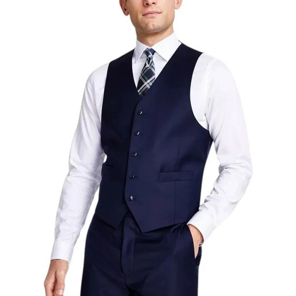 Michael Kors Mens Classic-Fit Wool-Blend Suit Vest Large Navy Blue